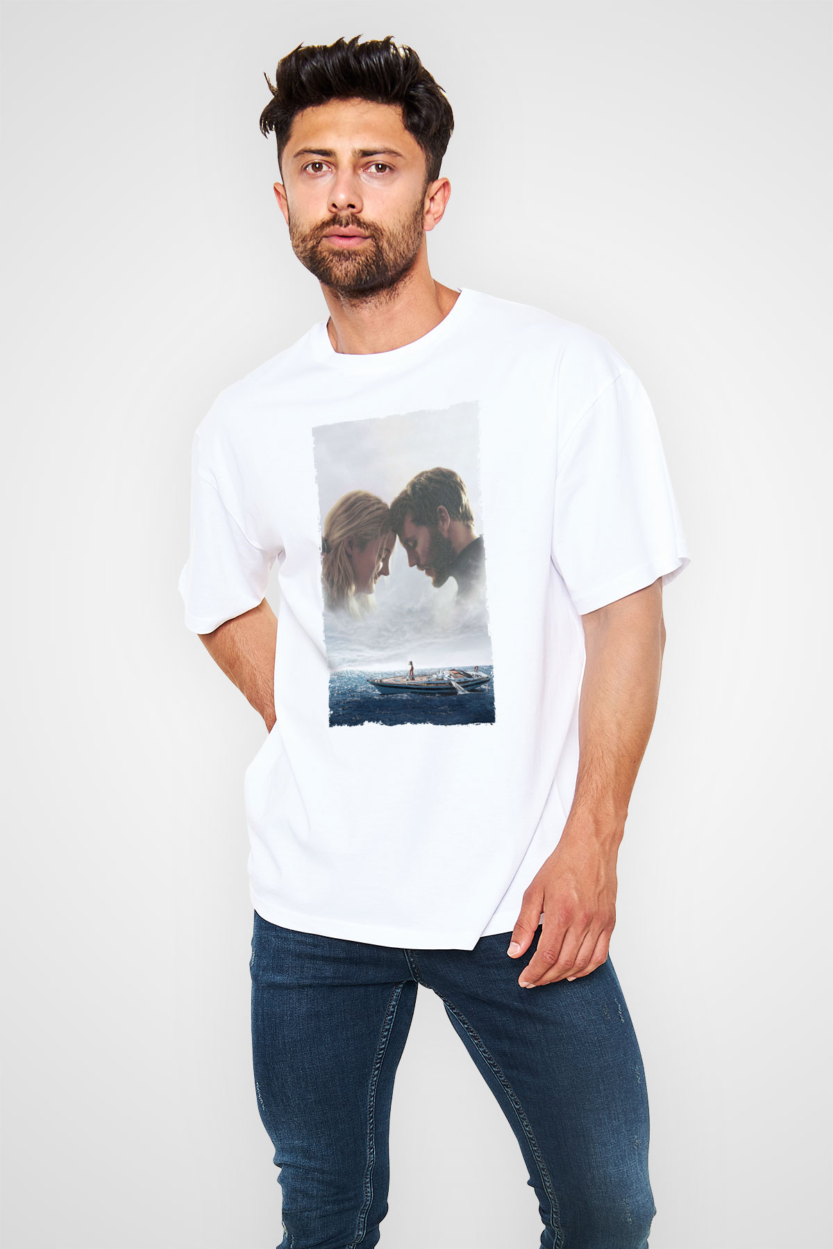 Unisex Sürükleniş - Adrift Baskılı Beyaz Oversize Tişört