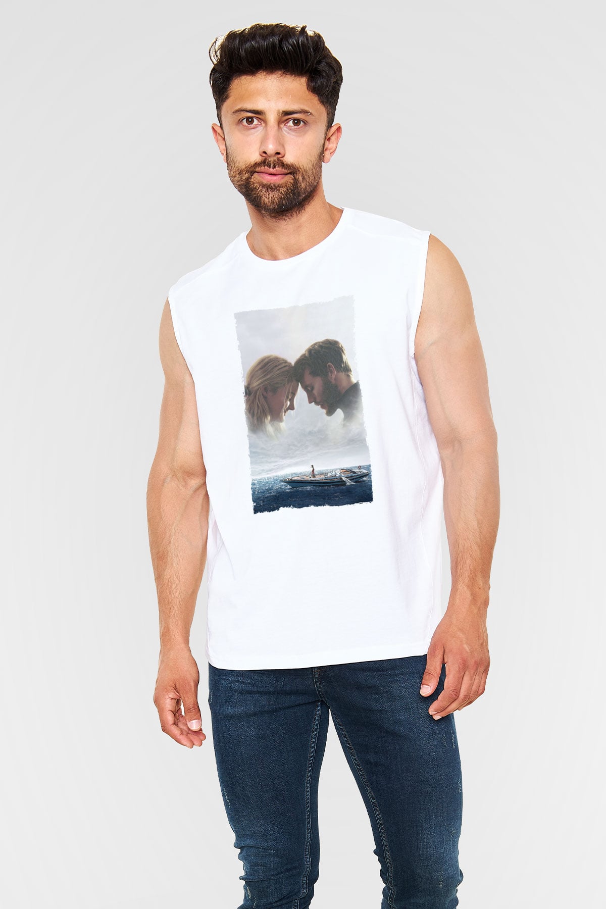 Unisex Sürükleniş - Adrift Baskılı Beyaz Kolsuz Tişört