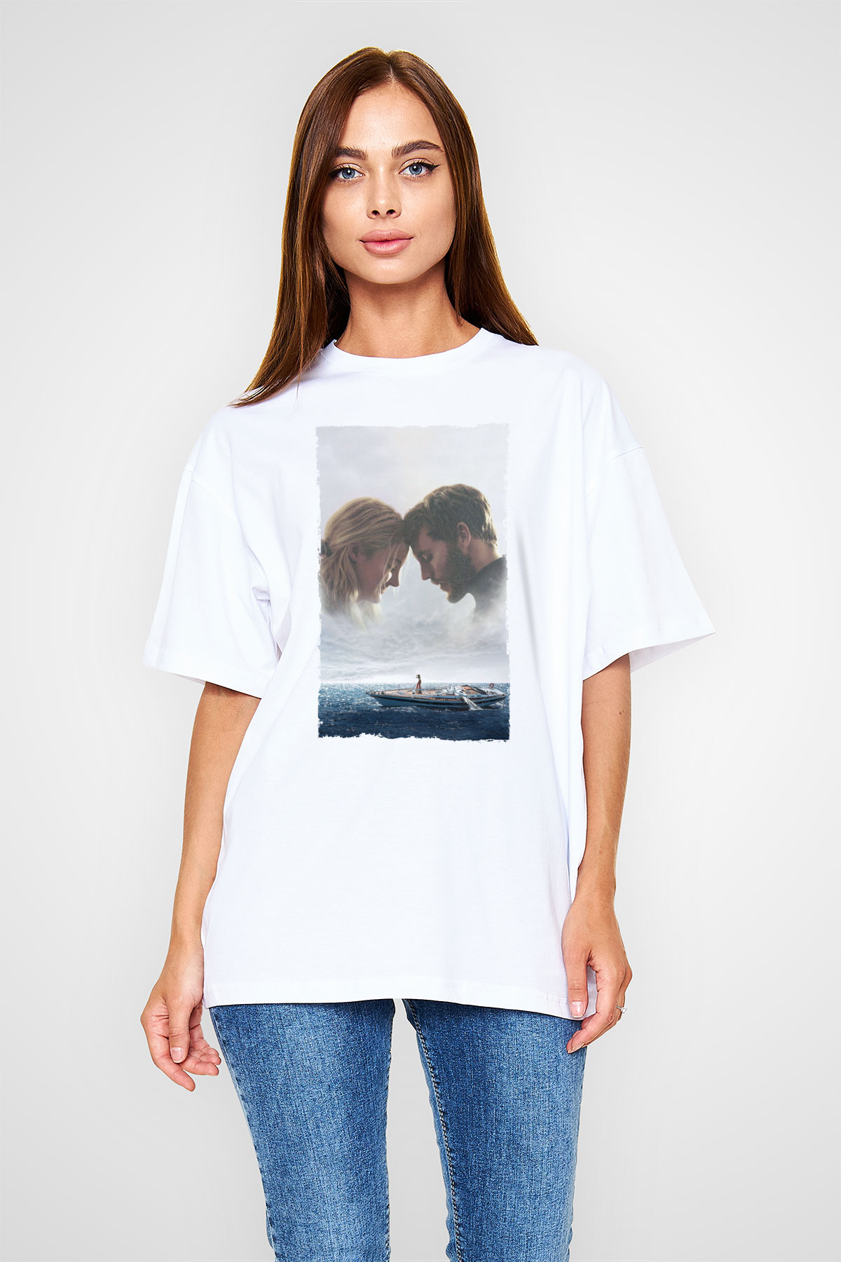Unisex Sürükleniş - Adrift Baskılı Beyaz Oversize Tişört