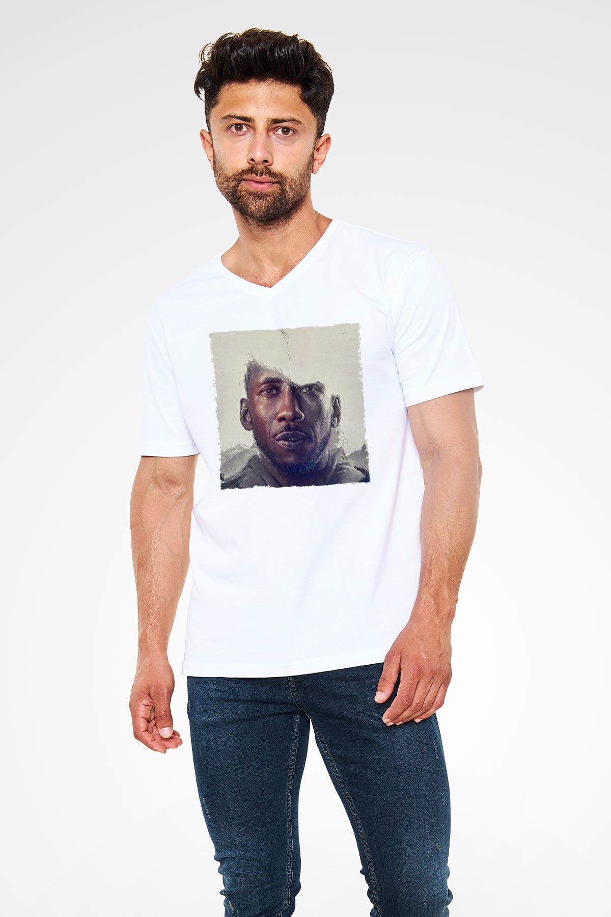 Unisex Swan Song Baskılı Beyaz V Yaka Tişört