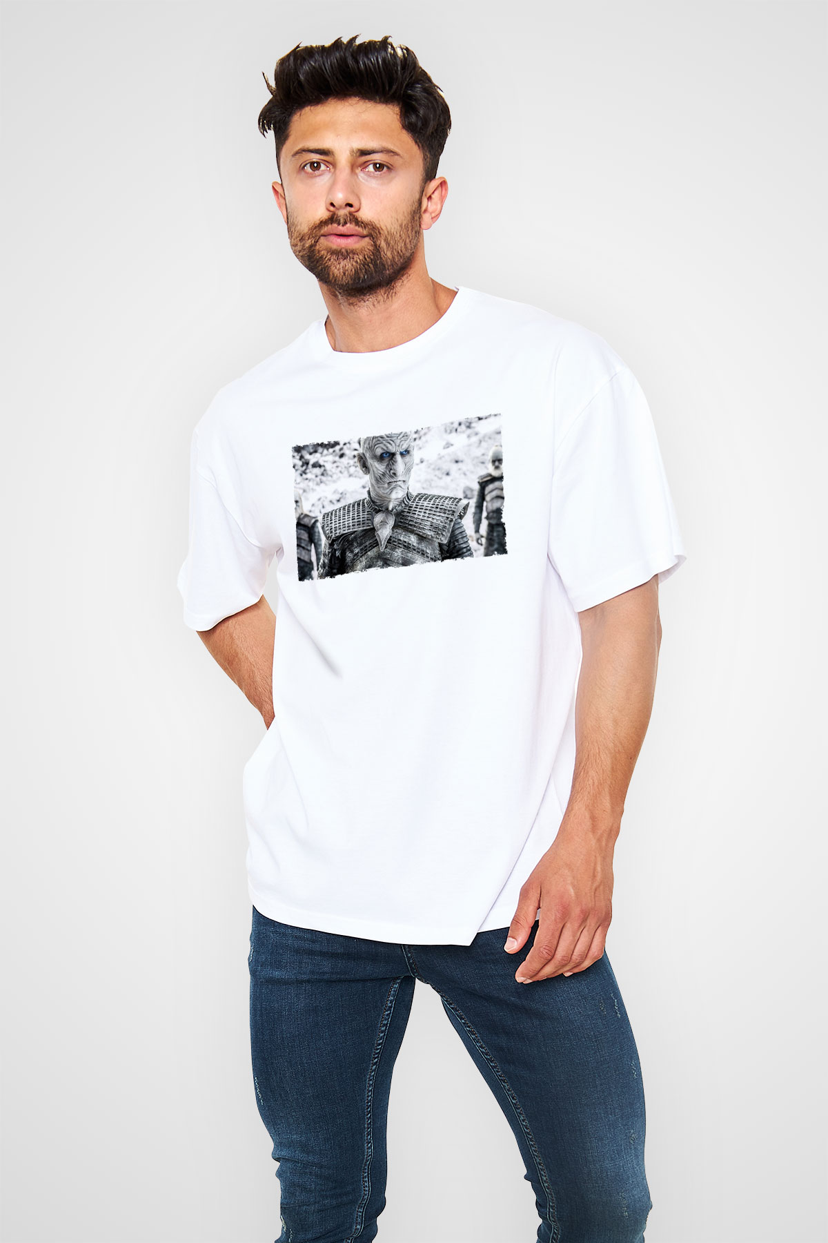 Unisex Taht Oyunları Baskılı Beyaz Oversize Oversize T-shirt