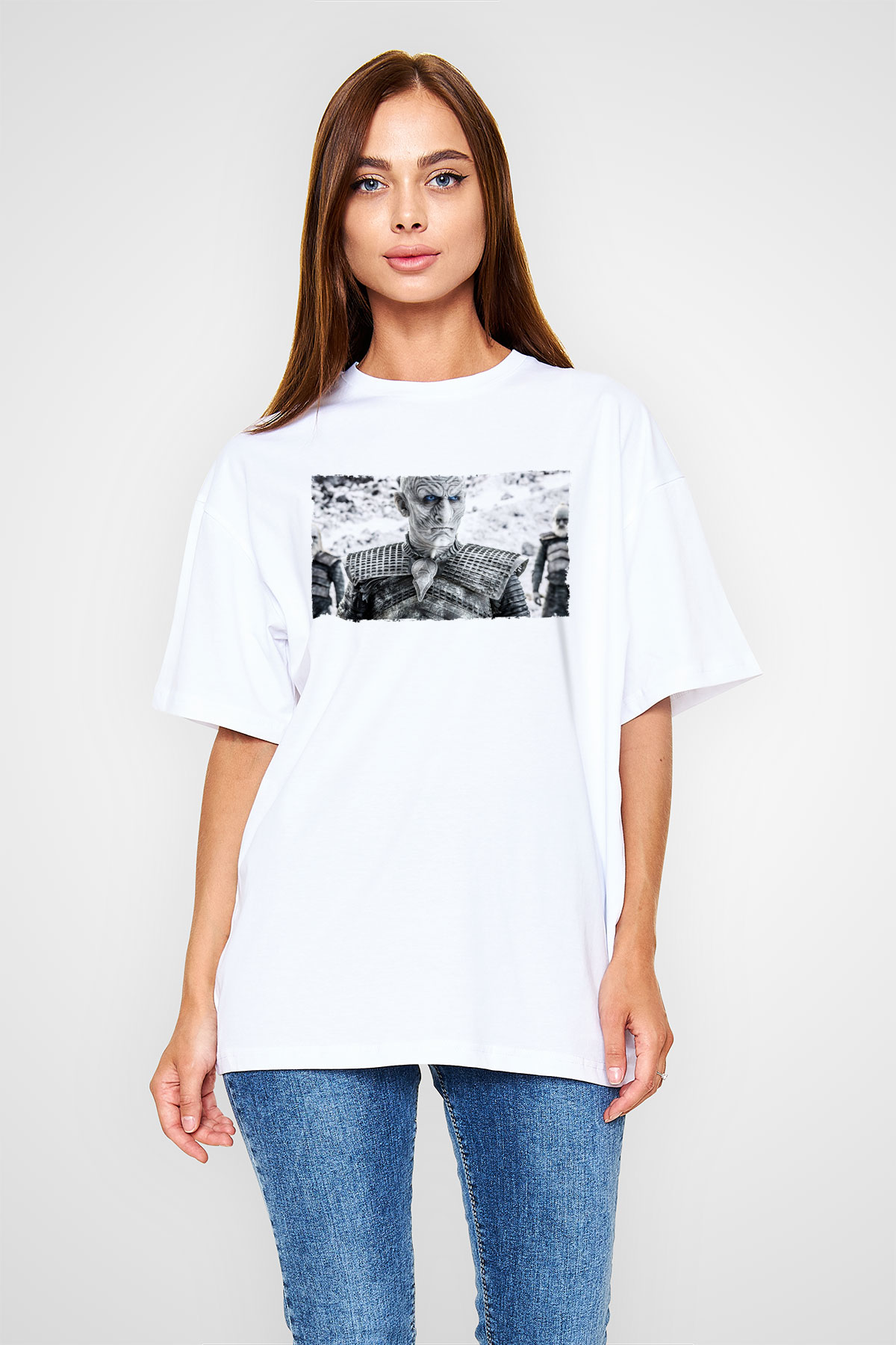 Unisex Taht Oyunları Baskılı Beyaz Oversize Oversize T-shirt