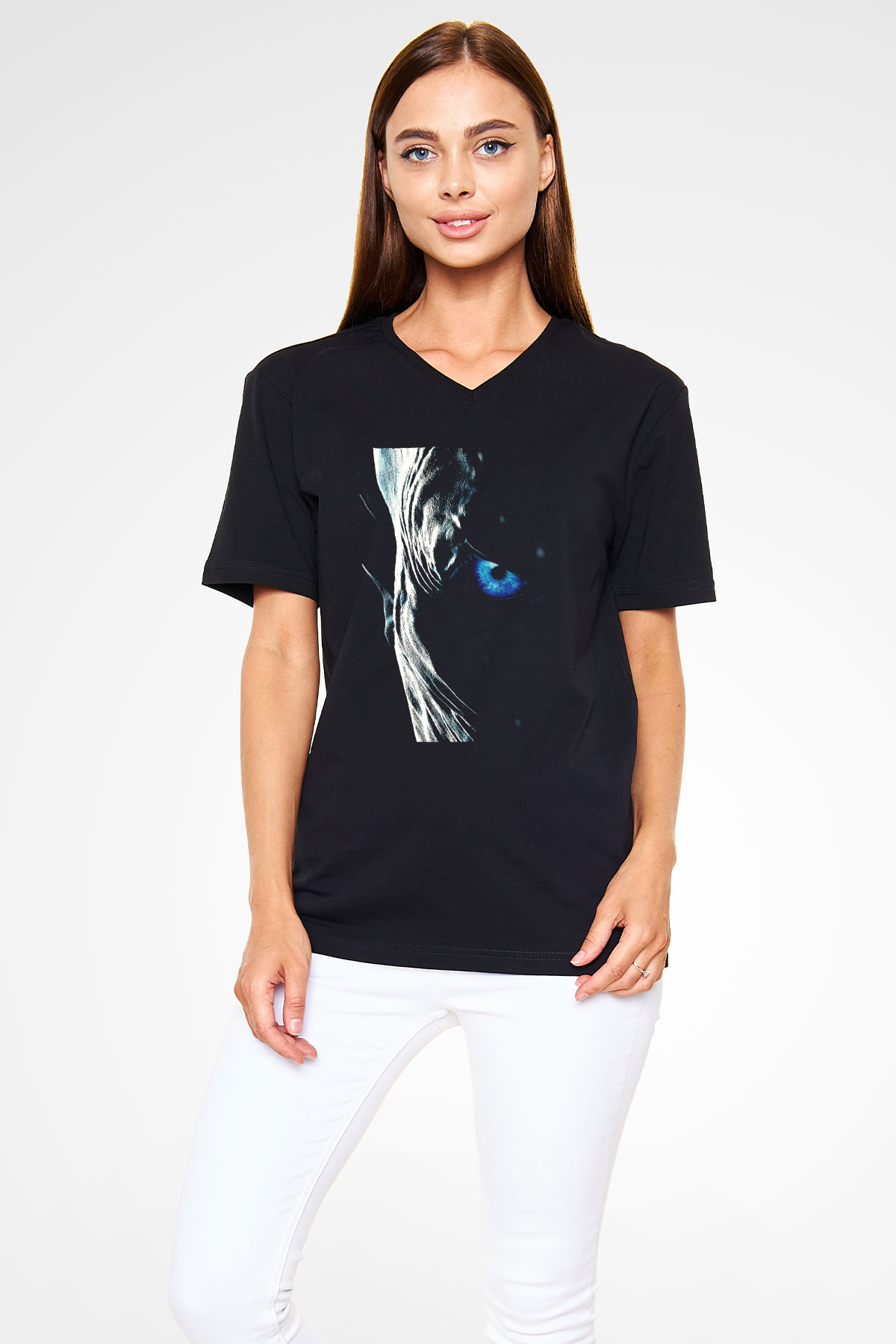 Unisex Taht Oyunları Baskılı Siyah V Yaka Tshirt