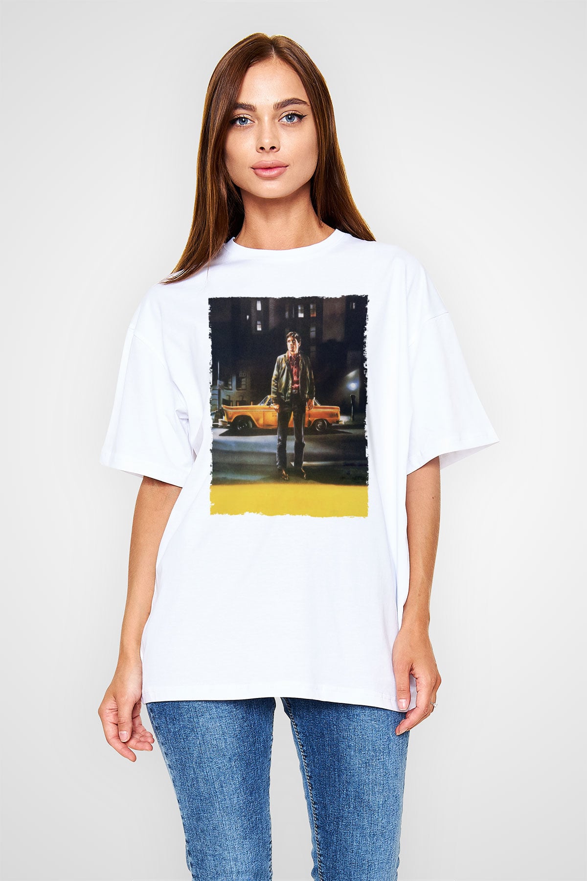 Unisex Taksi Şoförü (Taxi Driver) Baskılı Beyaz Oversize Tişört