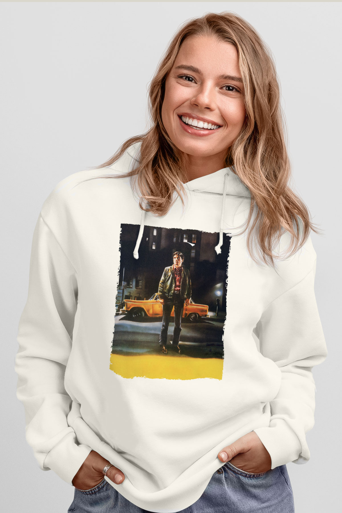 Unisex Taksi Şoförü (Taxi Driver) Baskılı Beyaz Kapüşonlu Sweatshirt