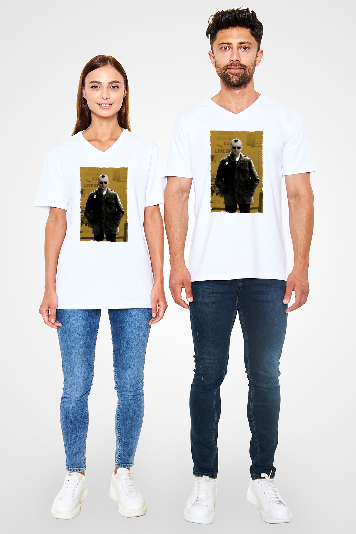 Unisex Taksi Şoförü (Taxi Driver) Baskılı Beyaz V Yaka Tshirt