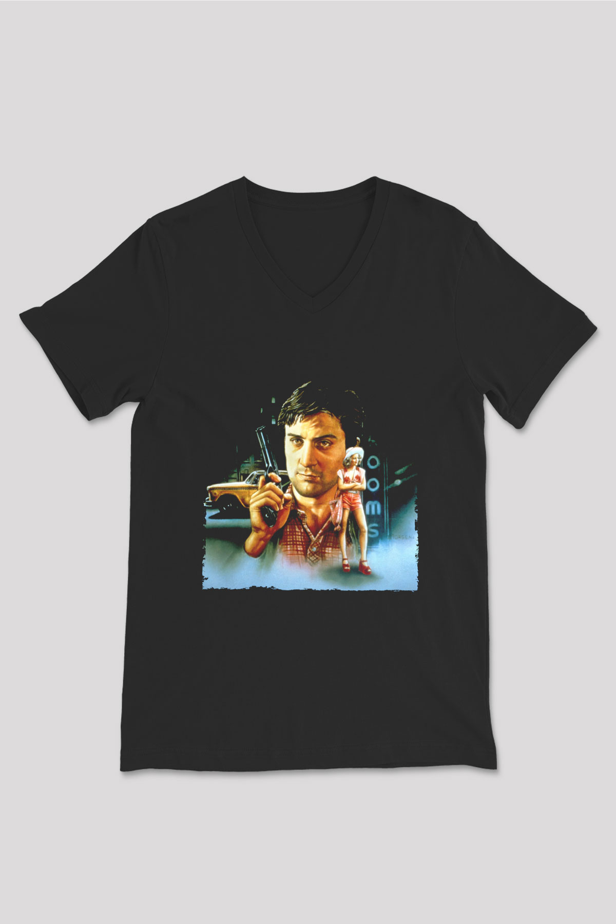 Unisex Taksi Şoförü (Taxi Driver) Baskılı Siyah V Yaka Tshirt
