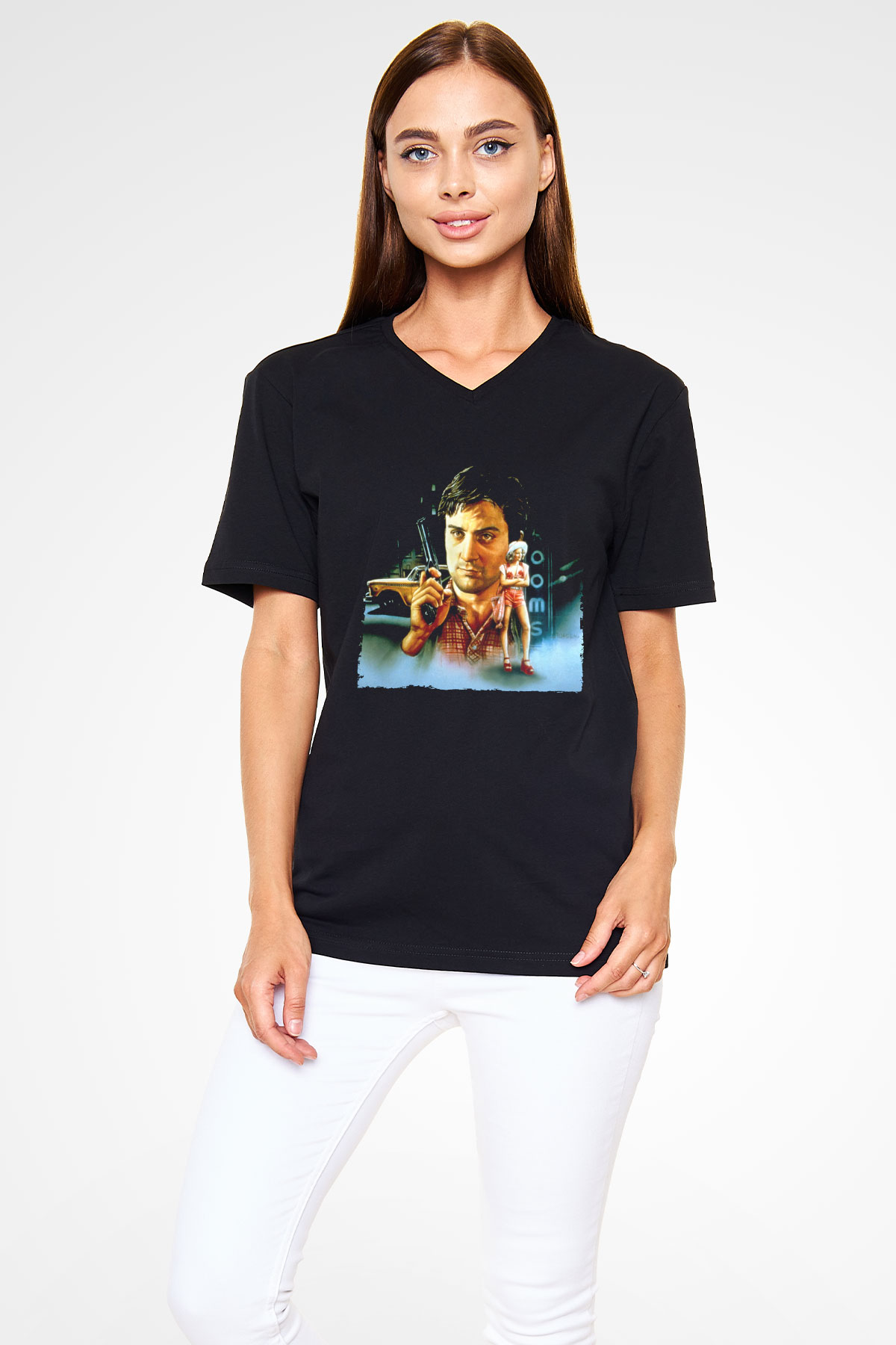 Unisex Taksi Şoförü (Taxi Driver) Baskılı Siyah V Yaka Tshirt