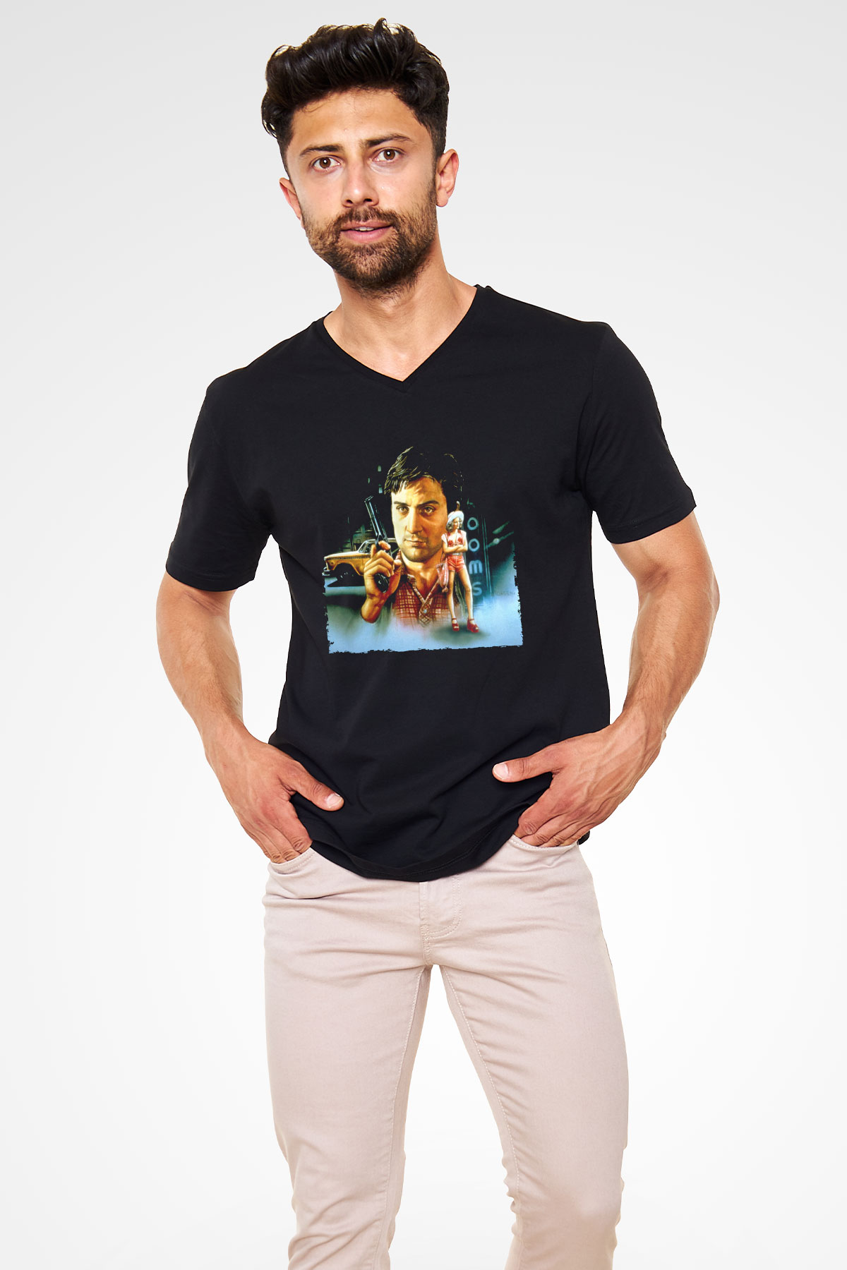 Unisex Taksi Şoförü (Taxi Driver) Baskılı Siyah V Yaka Tshirt