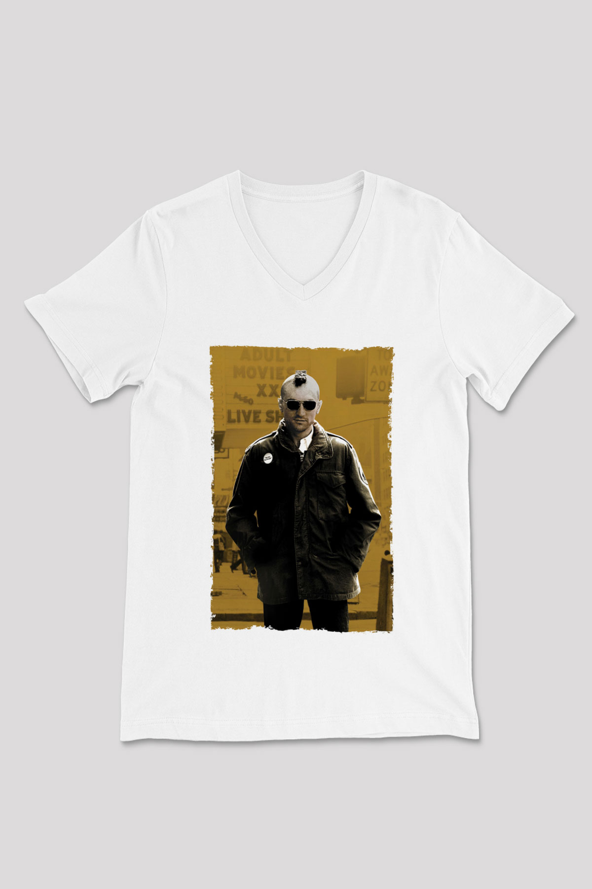 Unisex Taksi Şoförü (Taxi Driver) Baskılı Beyaz V Yaka Tshirt