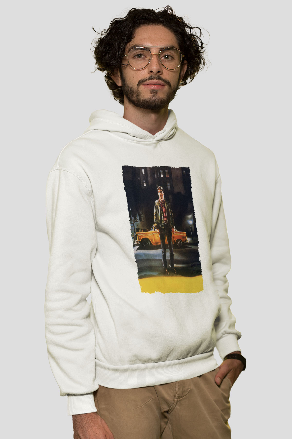 Unisex Taksi Şoförü (Taxi Driver) Baskılı Beyaz Kapüşonlu Sweatshirt