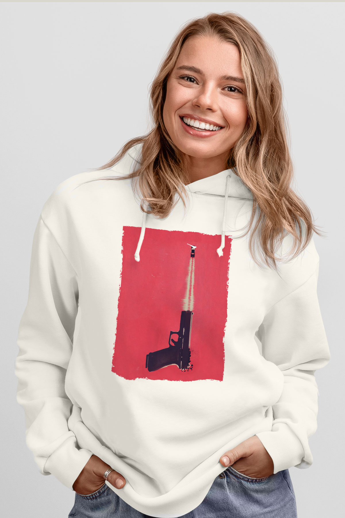 Unisex Tam Gaz - Baby Driver Baskılı Beyaz Kapüşonlu Sweatshirt