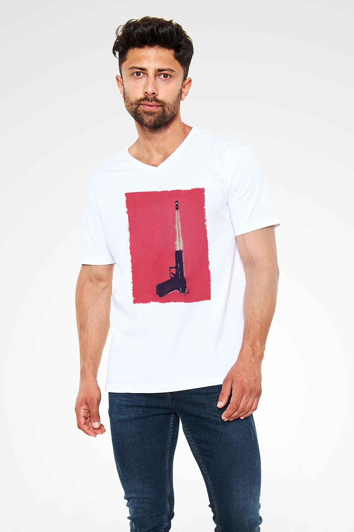 Unisex Tam Gaz - Baby Driver Baskılı Beyaz V Yaka Tshirt