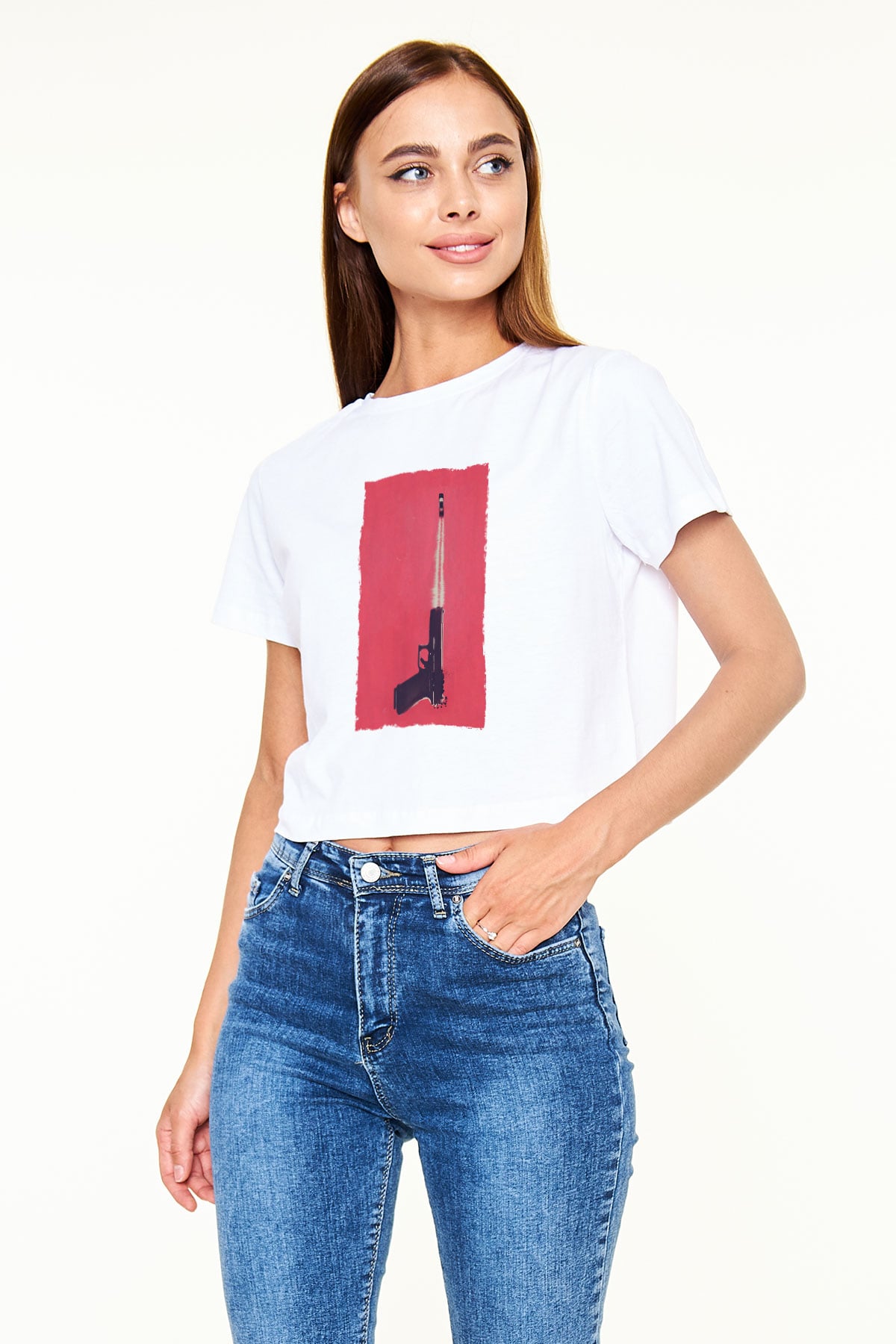 Unisex Tam Gaz - Baby Driver Baskılı Beyaz Crop Top Tshirt