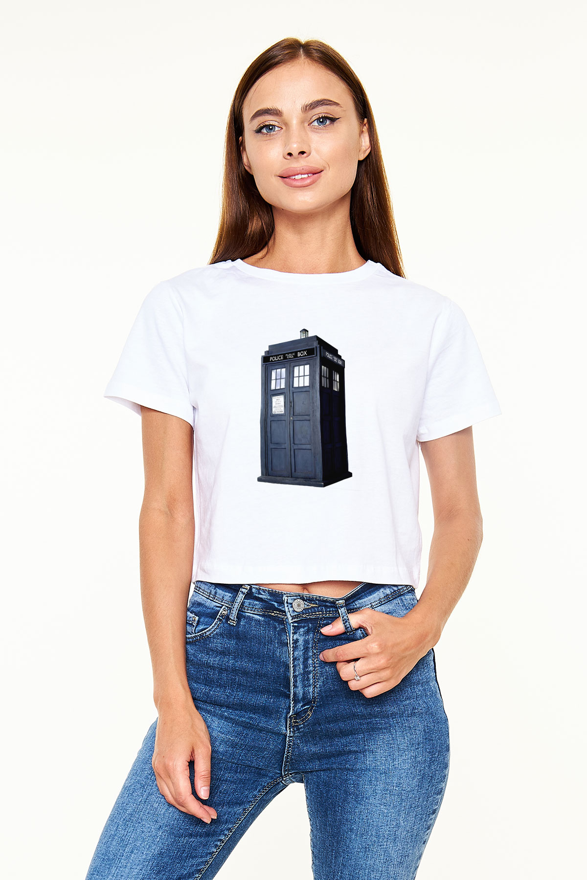 Unisex Tardis - Doctor Who Baskılı Beyaz Crop Top T-shirt