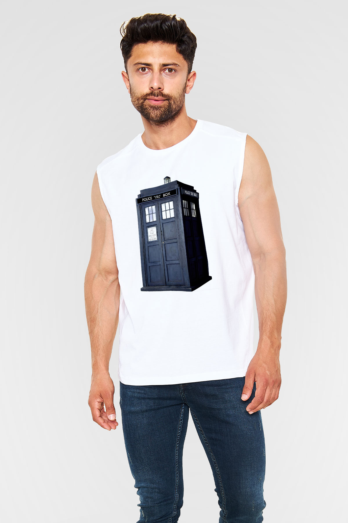 Unisex Tardis - Doctor Who Baskılı Beyaz Kolsuz T-shirt