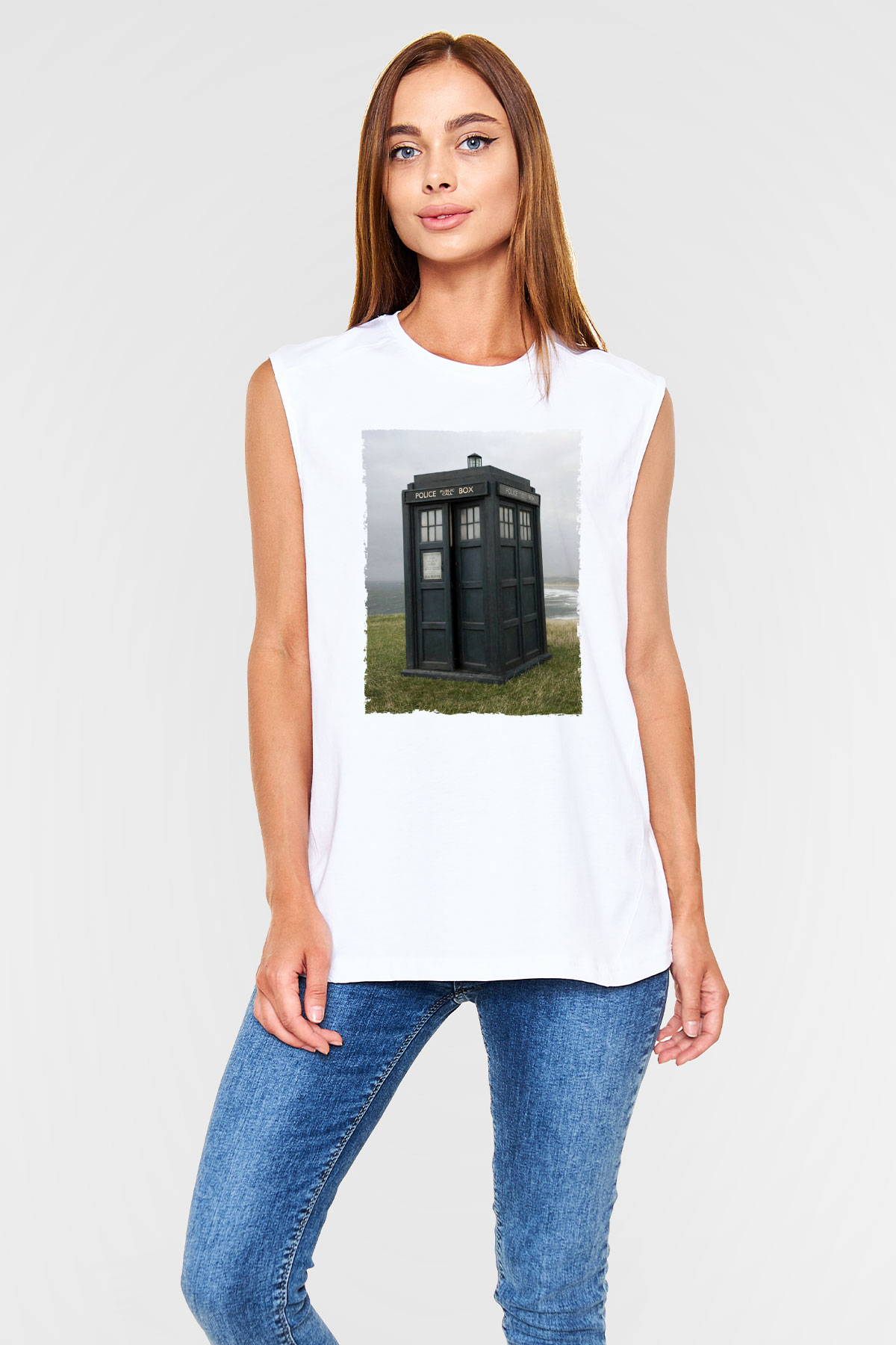 Unisex Tardis - Doctor Who Baskılı Beyaz Kolsuz Tshirt