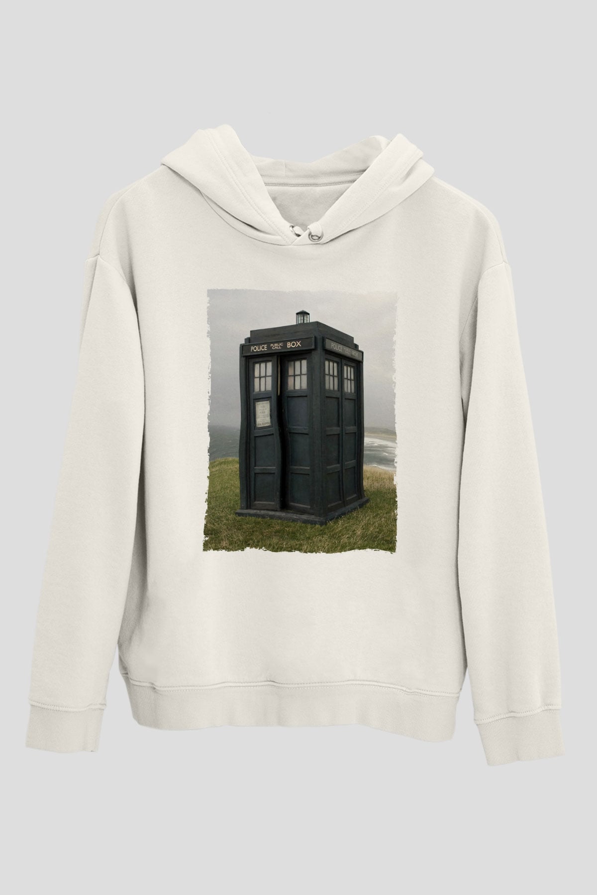 Unisex Tardis - Doctor Who Baskılı Beyaz Kapüşonlu Sweatshirt