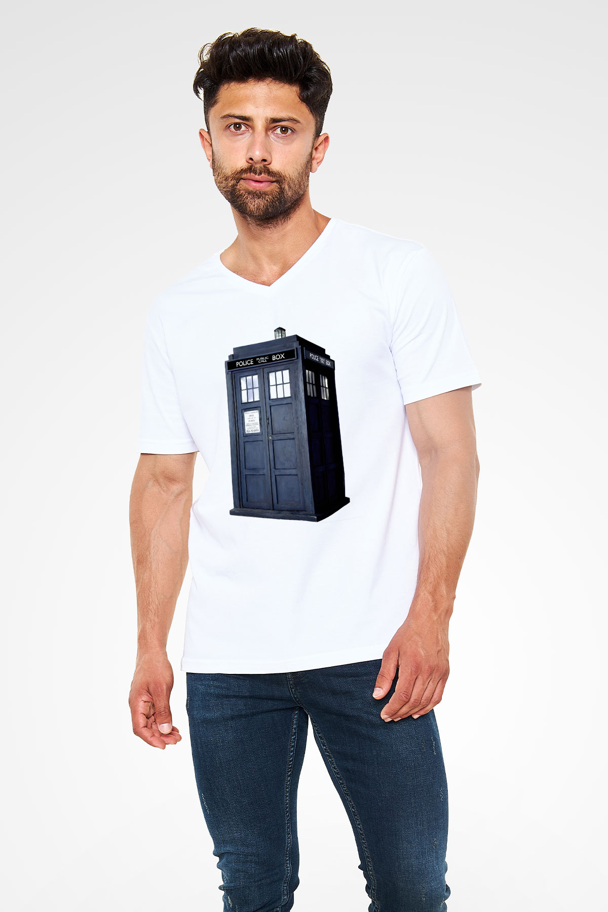 Unisex Tardis - Doctor Who Baskılı Beyaz V Yaka T-shirt