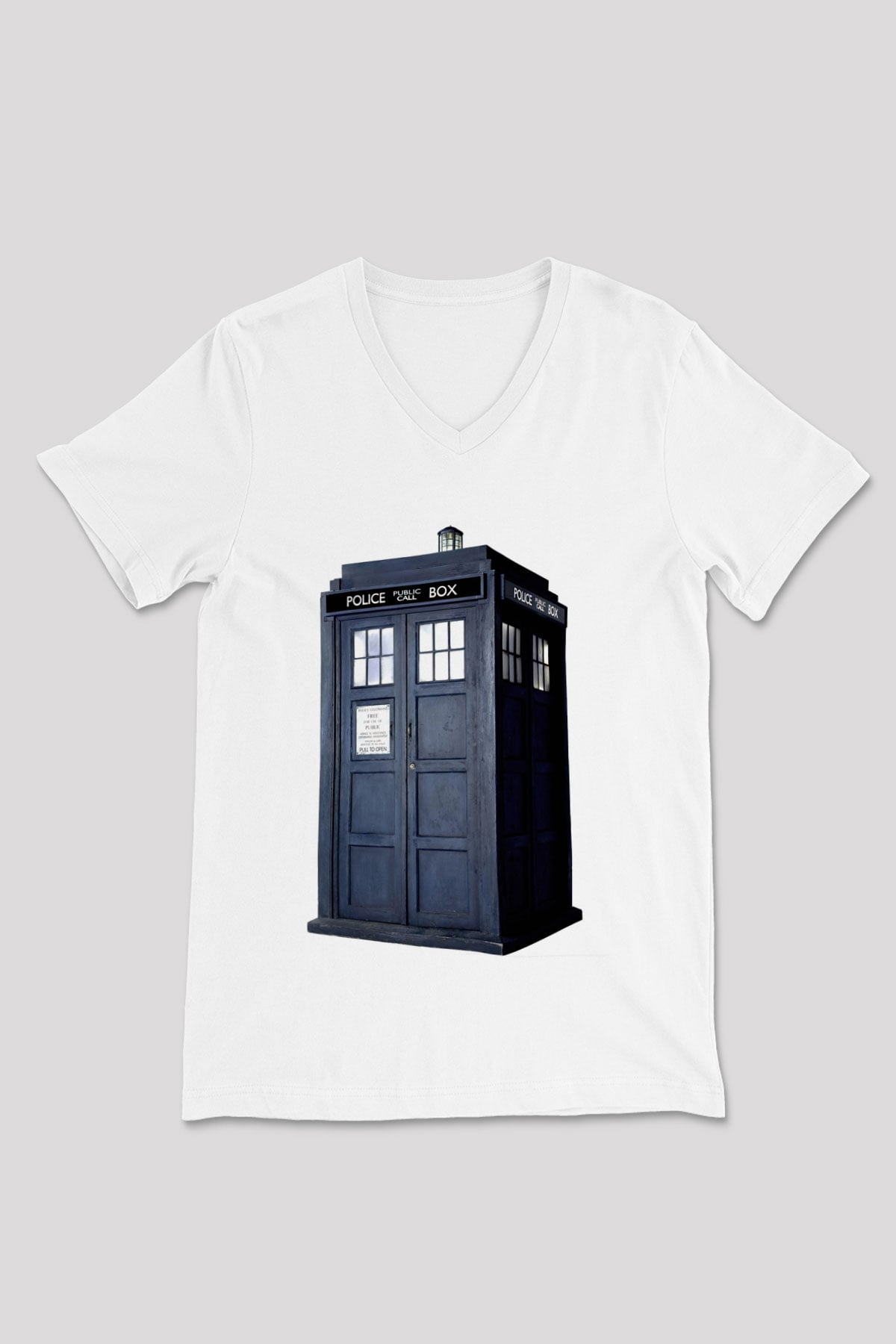 Unisex Tardis - Doctor Who Baskılı Beyaz V Yaka T-shirt