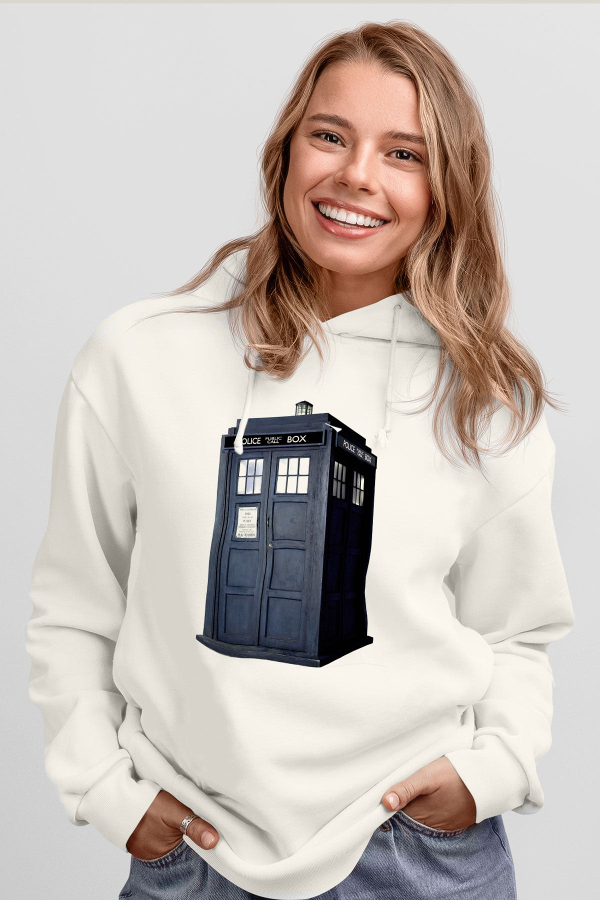 Unisex Tardis - Doctor Who Baskılı Beyaz Kapüşonlu Sweatshirt