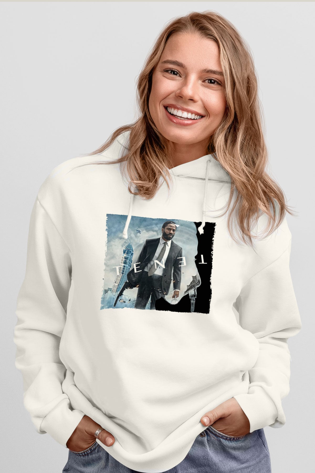 Unisex Tenet Baskılı Beyaz Kapüşonlu Sweatshirt