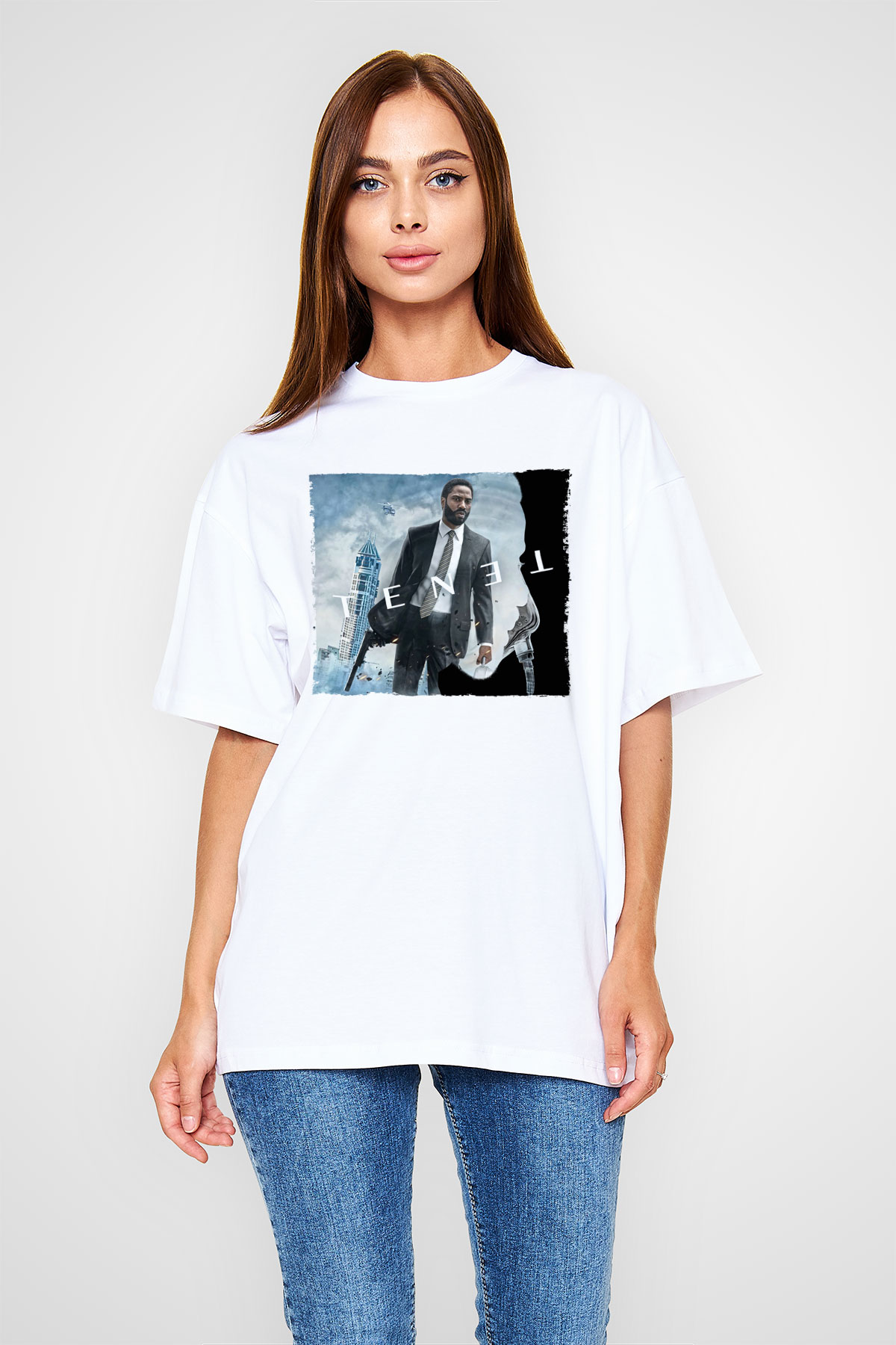Unisex Tenet Baskılı Beyaz Oversize Oversize T-shirt
