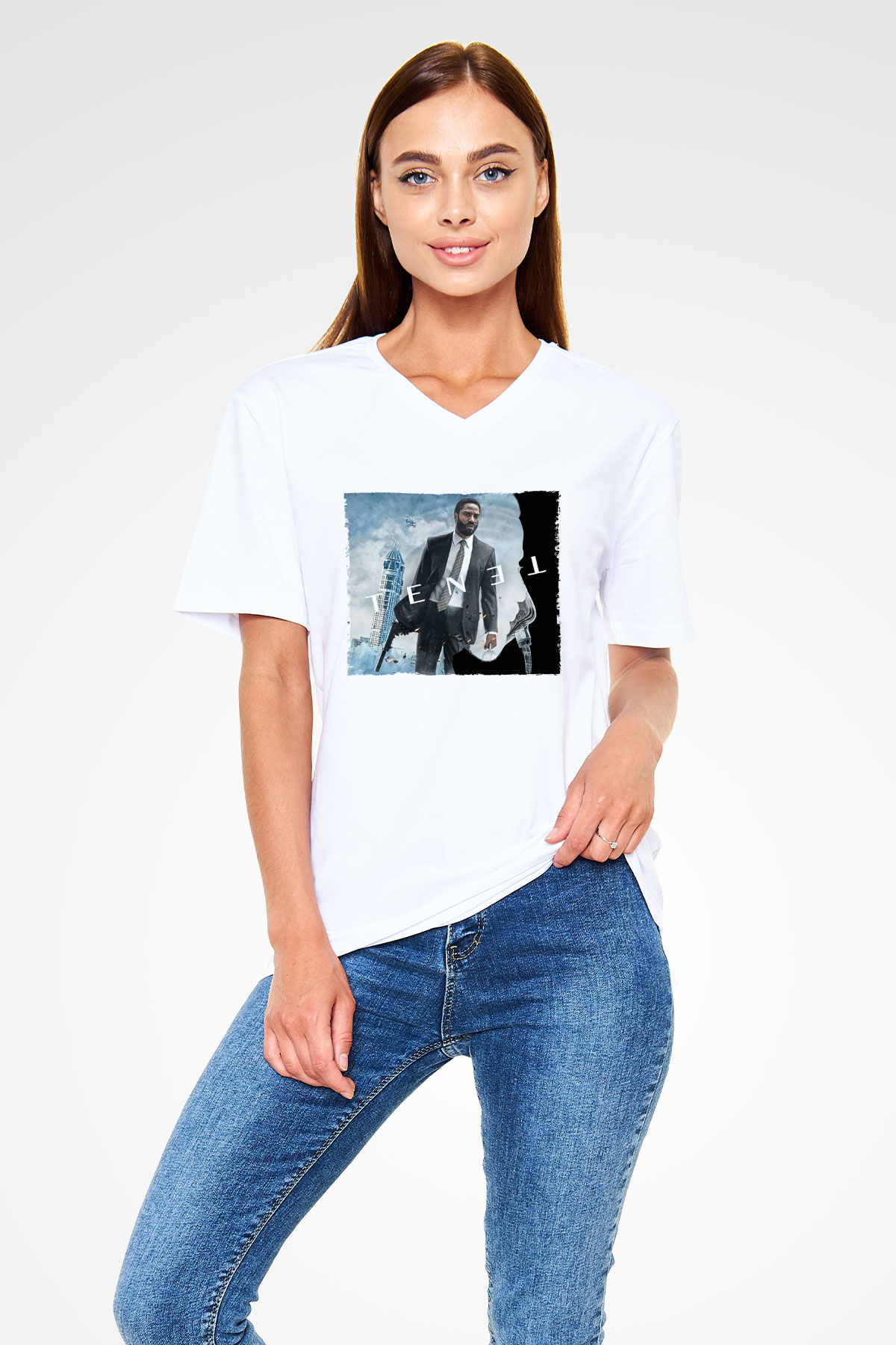 Unisex Tenet Baskılı Beyaz V Yaka Tshirt