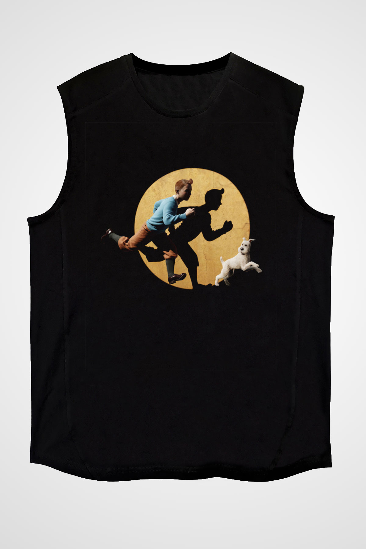 Unisex Tentenin Maceraları (The Adventures of Tintin) Baskılı Siyah Kolsuz T-shirt