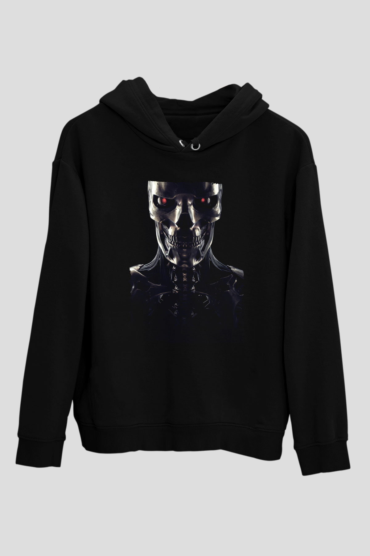 Unisex Terminator Baskılı Siyah Kapüşonlu Sweatshirt