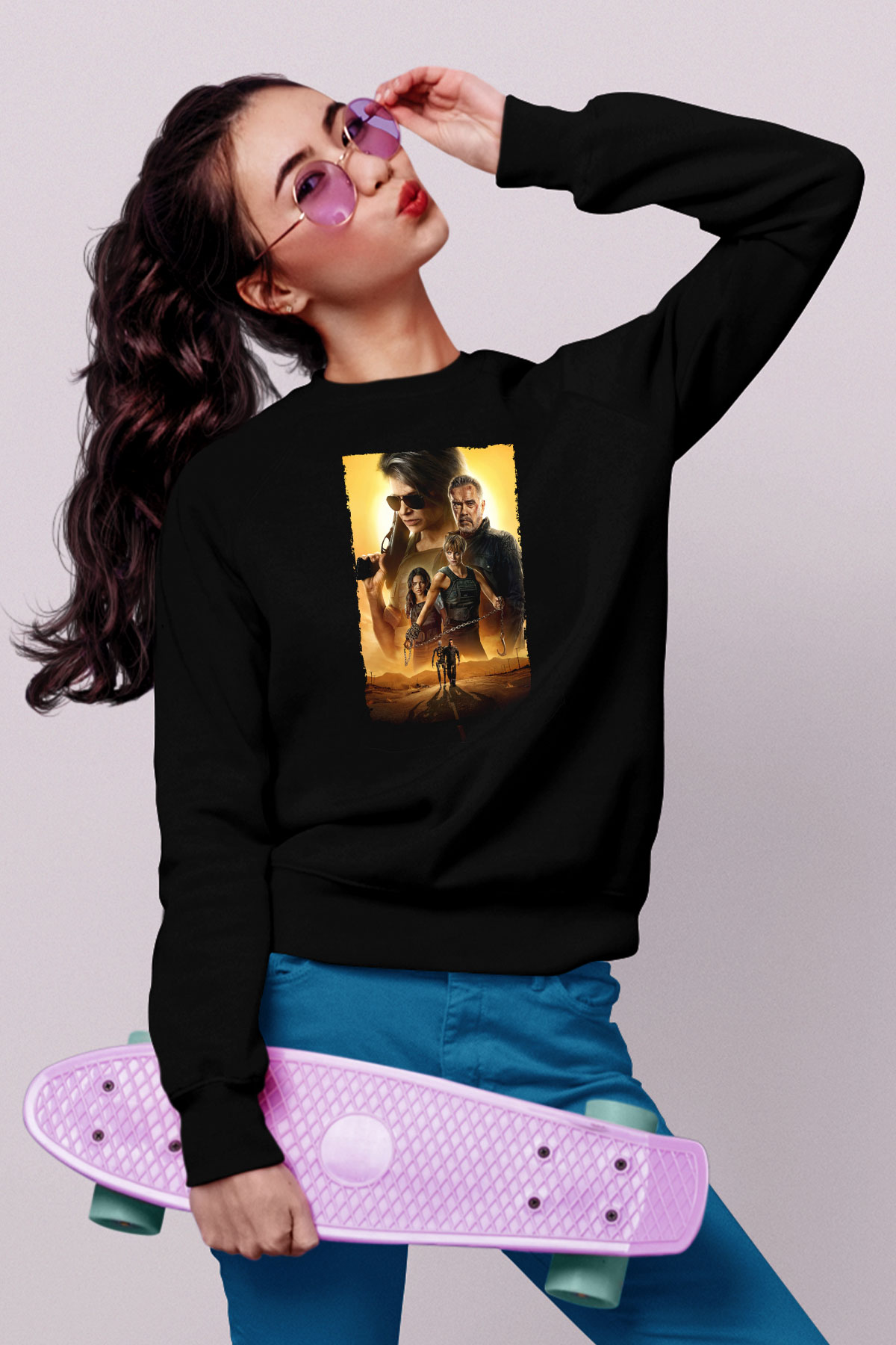 Unisex Terminatör Kara Kader (Terminator Dark Fate) Baskılı Siyah Sweatshirt
