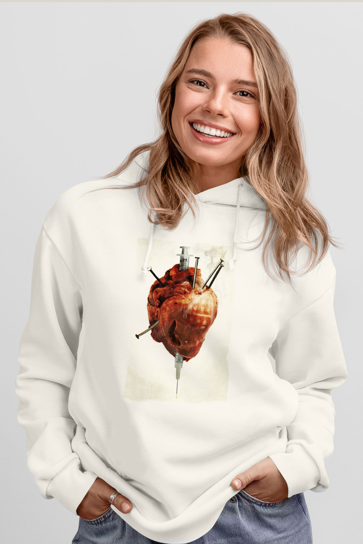 Unisex Tetikçi - Crank Baskılı Beyaz Kapüşonlu Sweatshirt