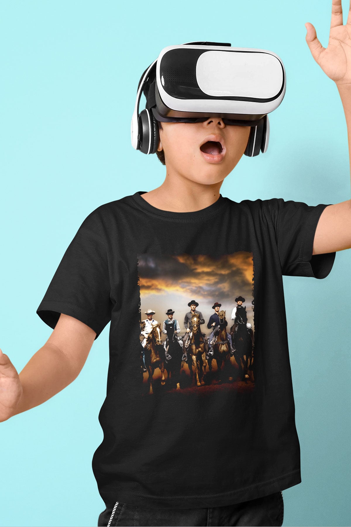 Unisex The Magnificent Seven Baskılı Siyah Çocuk T-Shirt