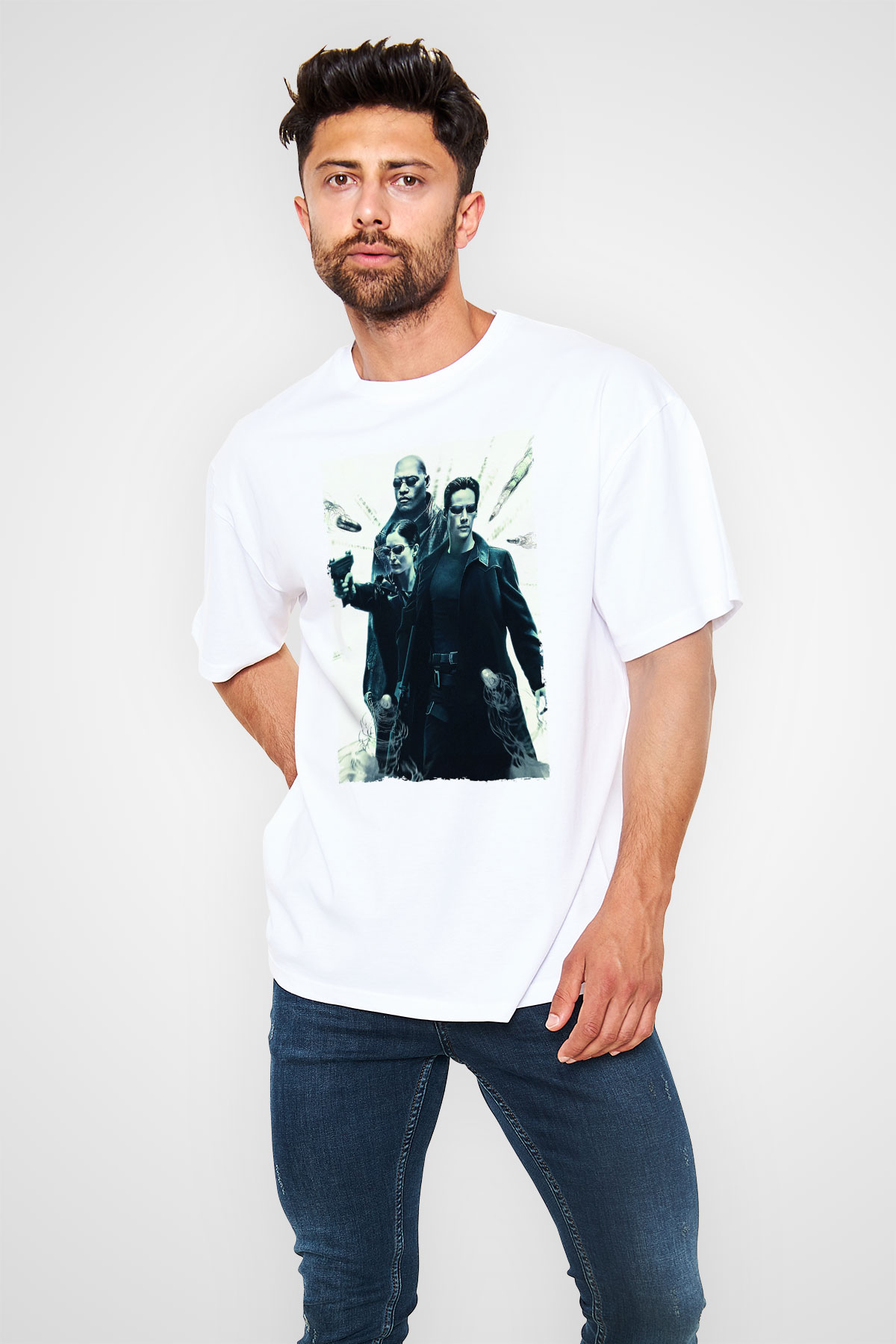 Unisex The Matrix Baskılı Beyaz Oversize Oversize T-shirt