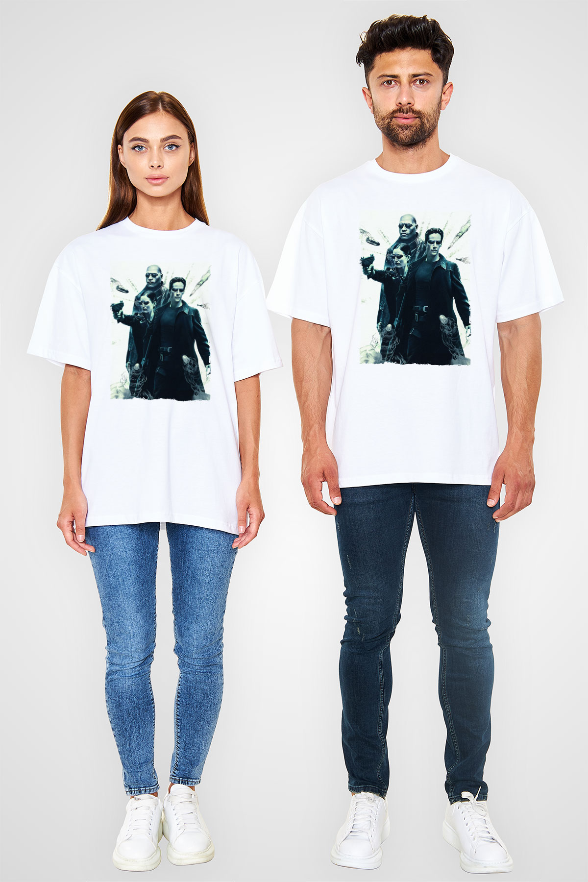 Unisex The Matrix Baskılı Beyaz Oversize Oversize T-shirt