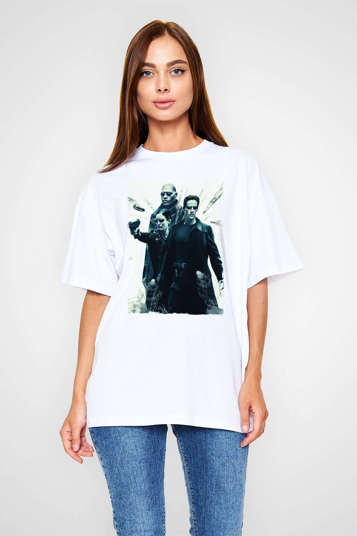 Unisex The Matrix Baskılı Beyaz Oversize Oversize T-shirt