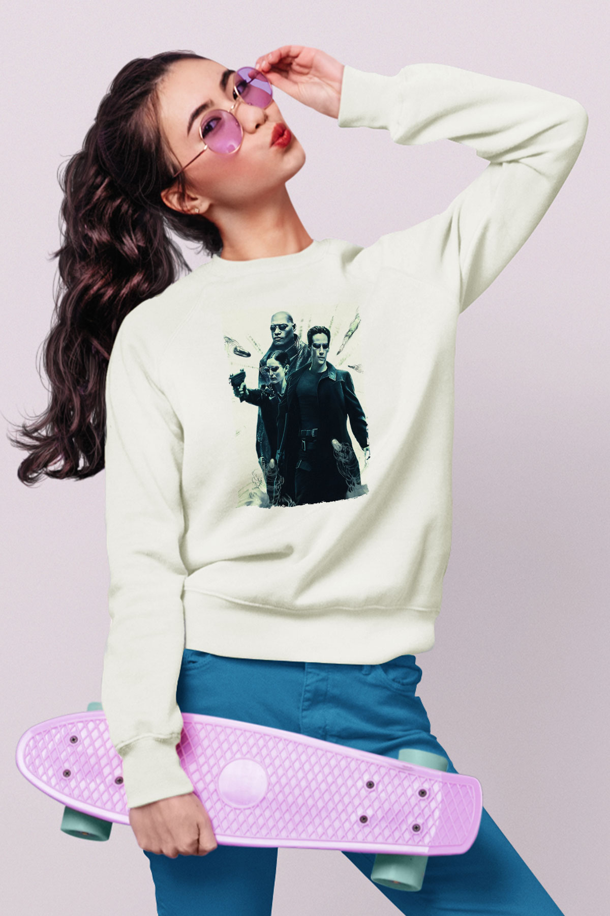 Unisex The Matrix Baskılı Beyaz Sweatshirt