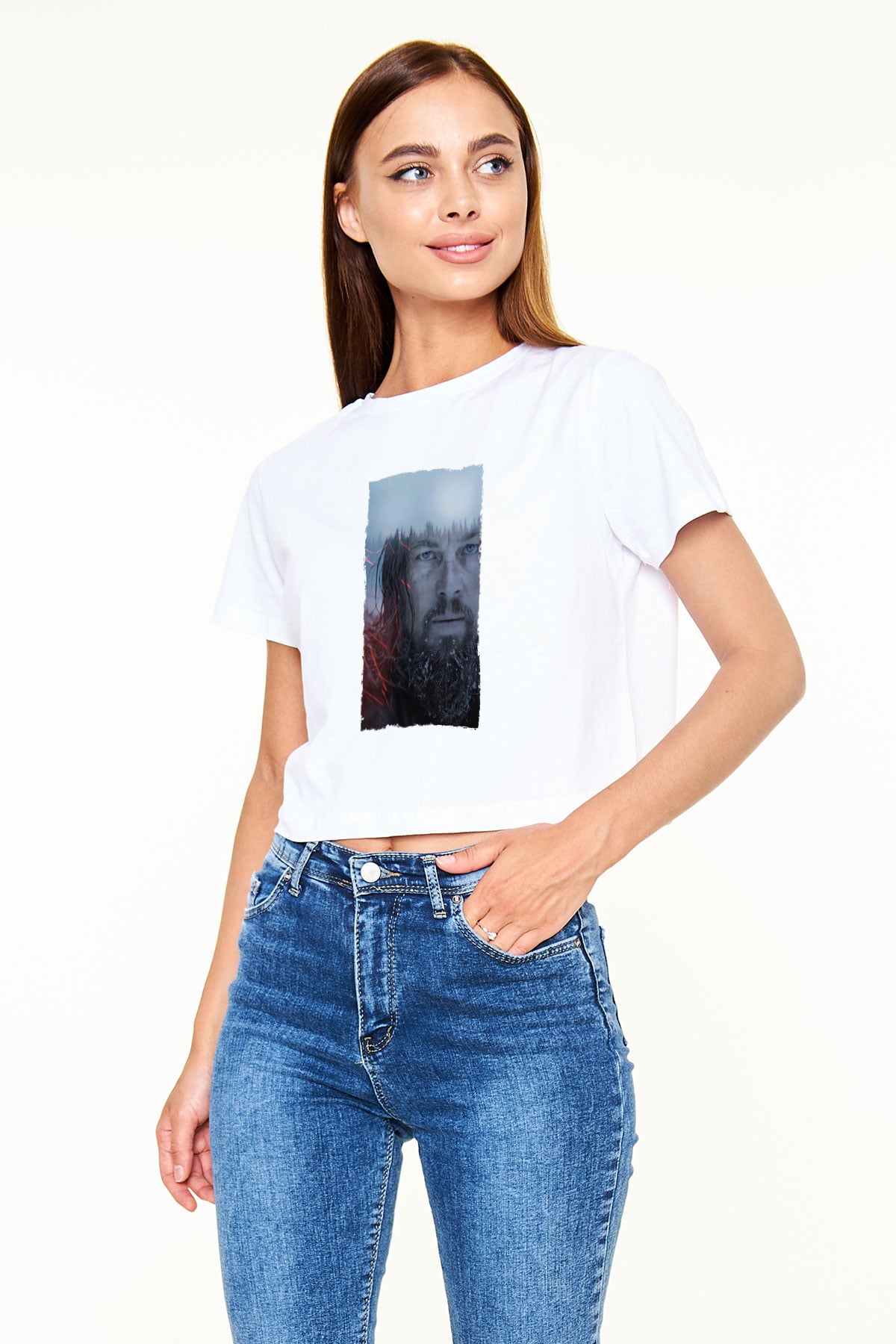 Unisex The Revenant Baskılı Beyaz Crop Top T-shirt