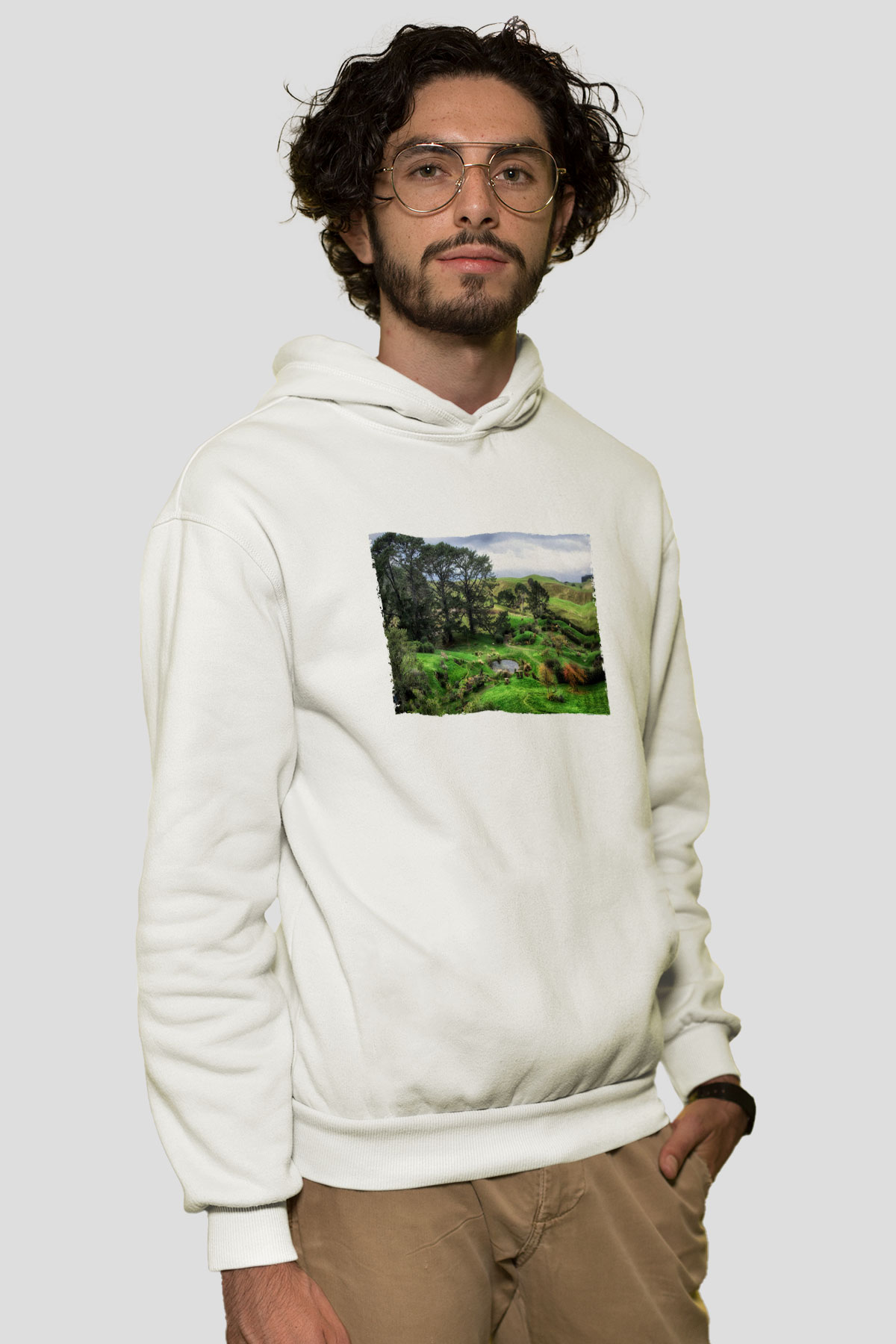 Unisex The Shire Baskılı Beyaz Kapüşonlu Sweatshirt
