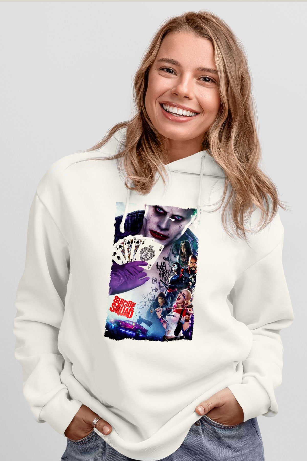 Unisex The Suicide Squad (İntihar Timi) Baskılı Beyaz Kapüşonlu Sweatshirt