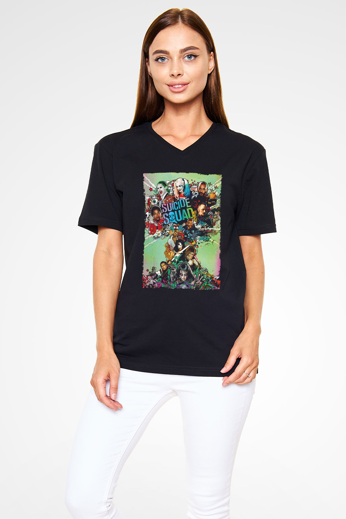 Unisex The Suicide Squad İntihar Timi (The Suicide Squad) Baskılı Siyah V Yaka Tshirt