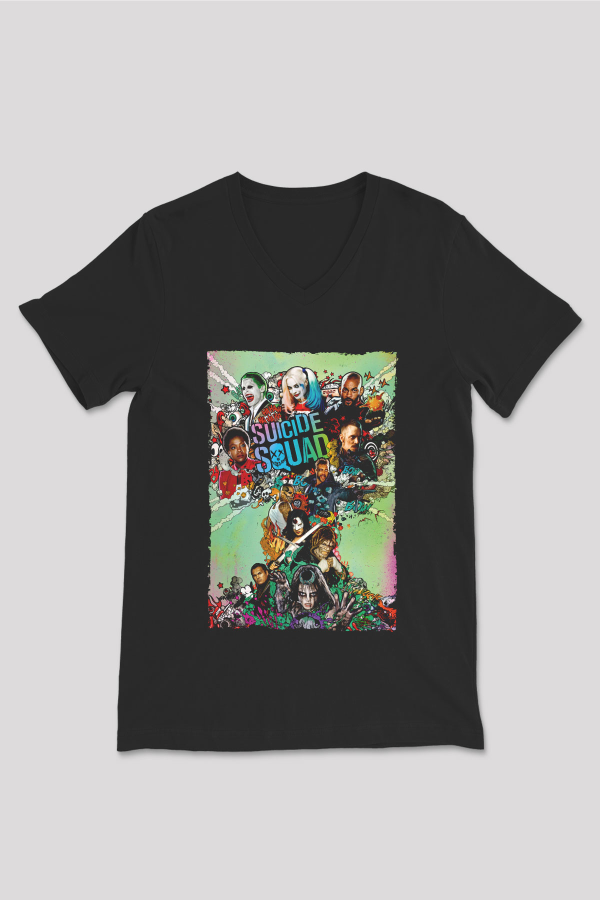 Unisex The Suicide Squad İntihar Timi (The Suicide Squad) Baskılı Siyah V Yaka Tshirt