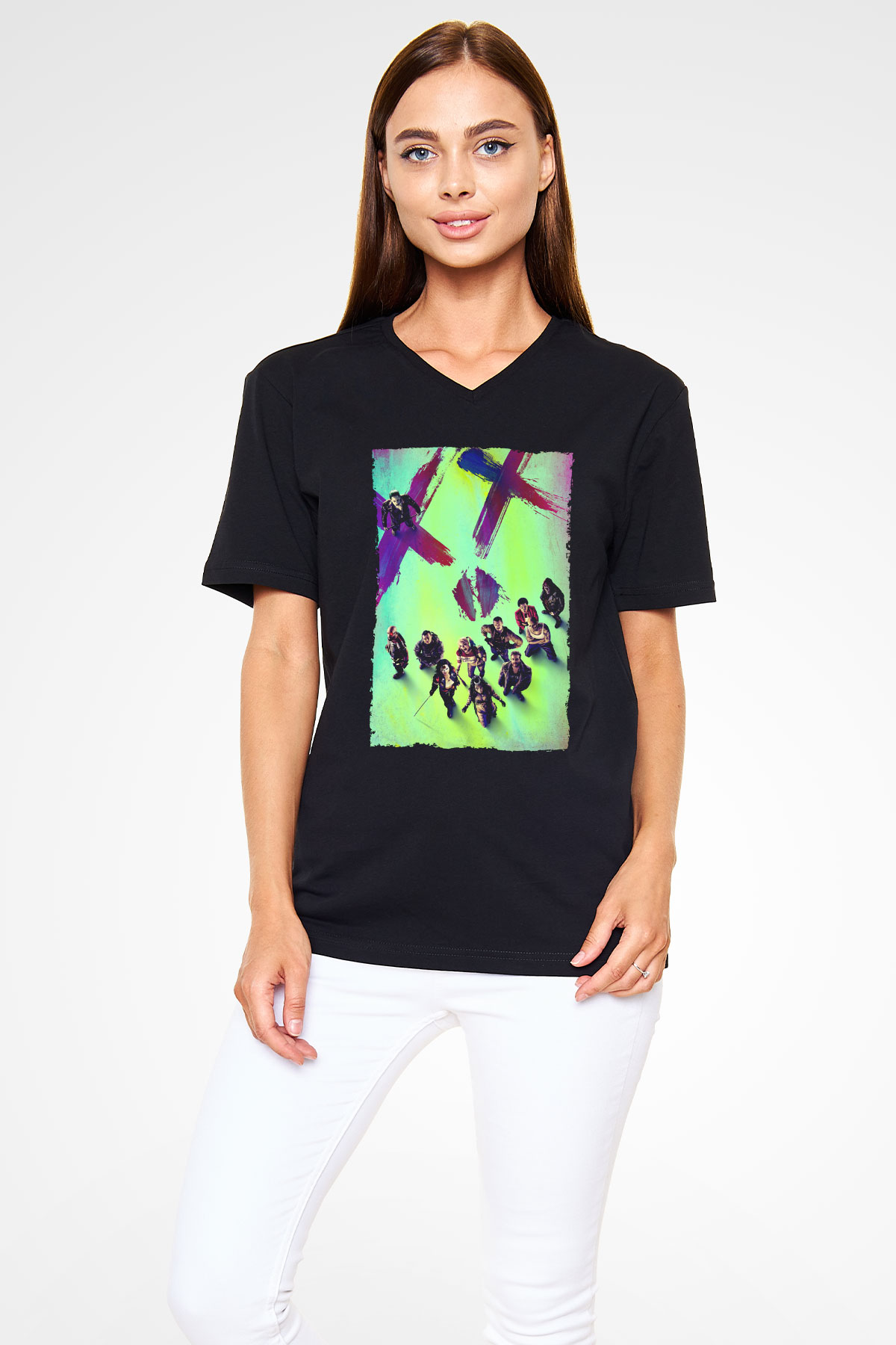 Unisex The Suicide Squad İntihar Timi (The Suicide Squad) Baskılı Siyah V Yaka T-shirt