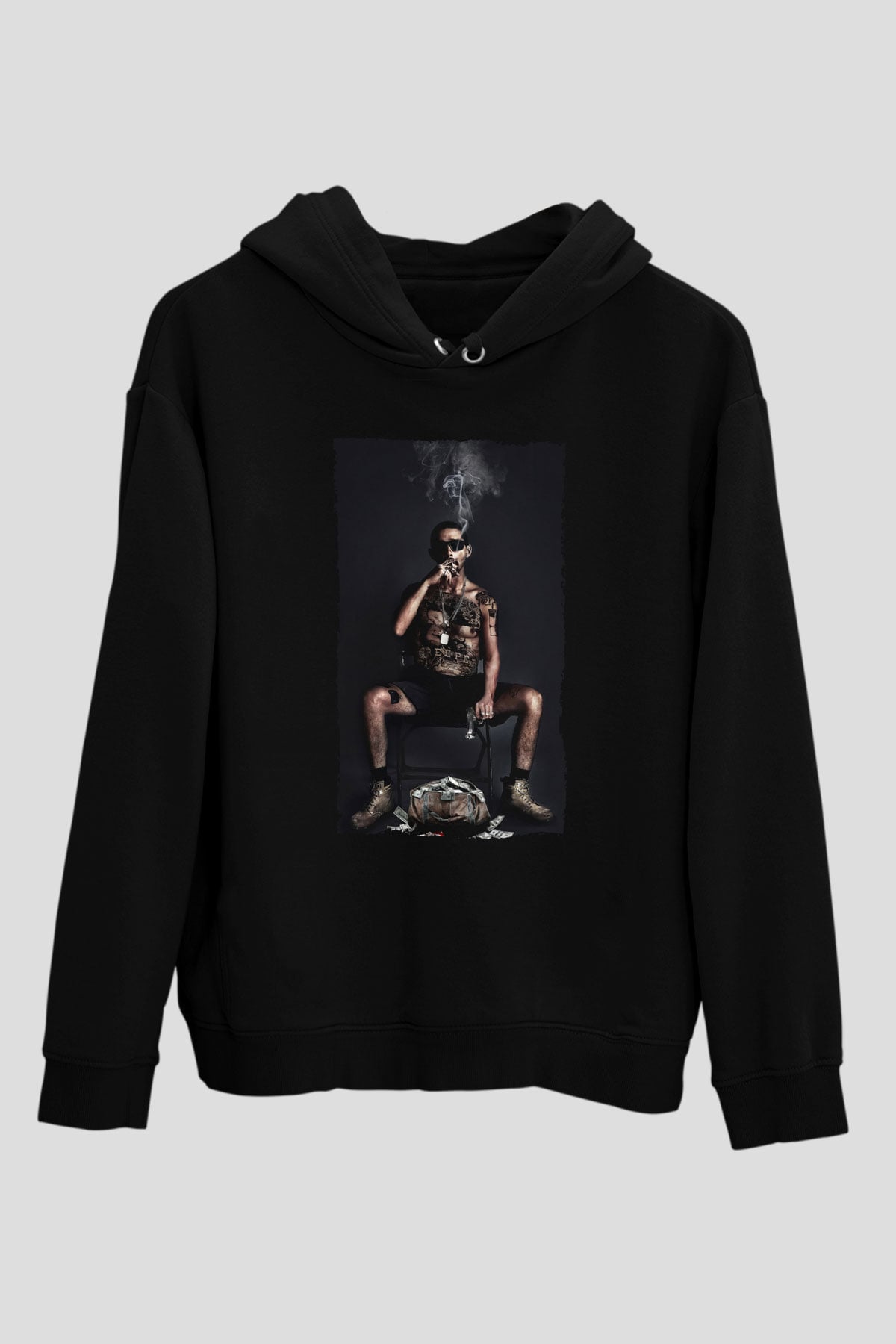 Unisex The Tax Collector Baskılı Siyah Kapüşonlu Sweatshirt