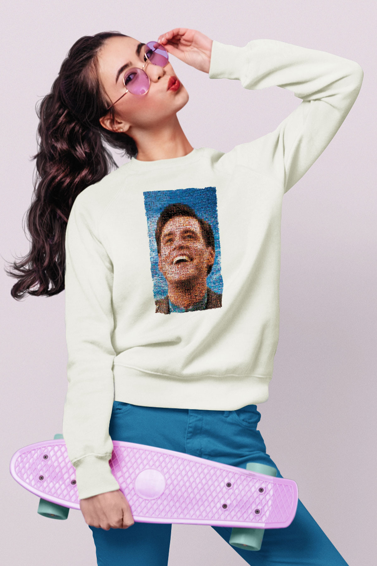Unisex The Truman Show Baskılı Beyaz Sweatshirt