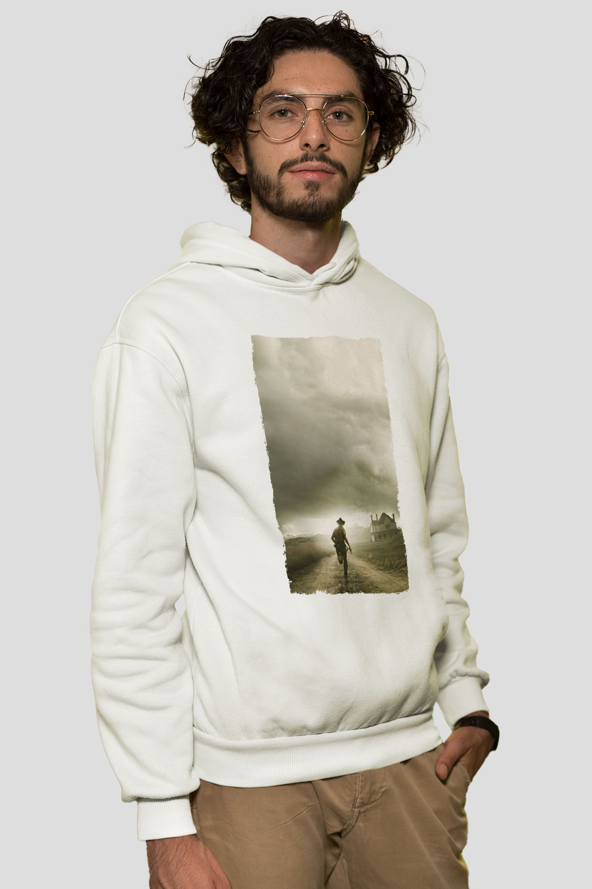 Unisex The Walking Dead Baskılı Beyaz Kapüşonlu Sweatshirt