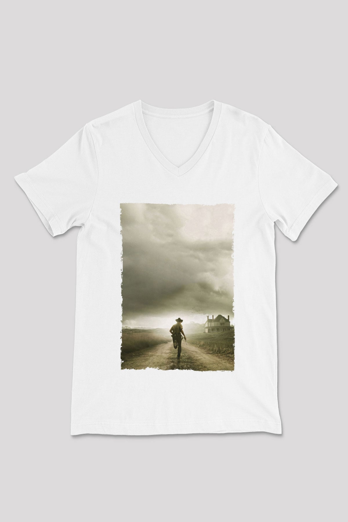 Unisex The Walking Dead Baskılı Beyaz V Yaka Tişört