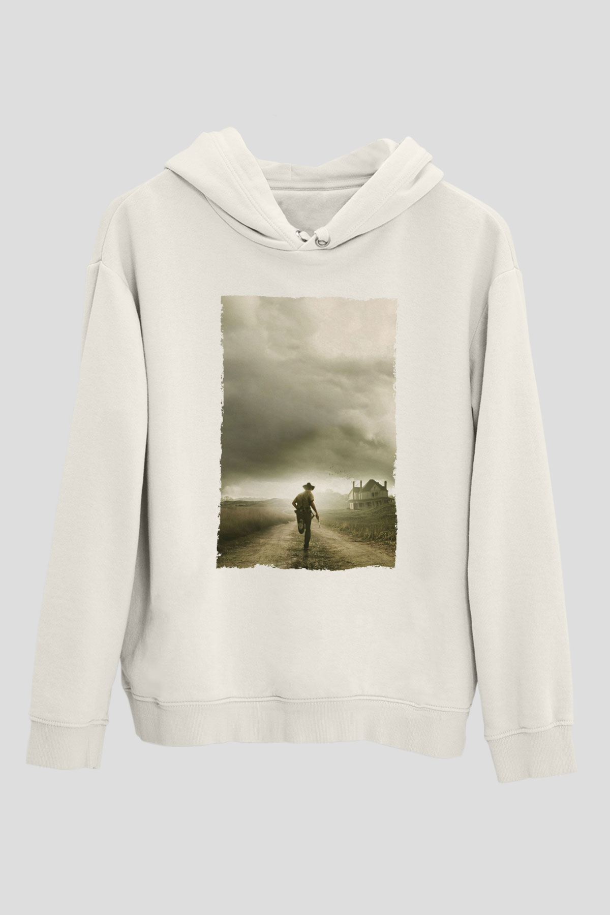 Unisex The Walking Dead Baskılı Beyaz Kapüşonlu Sweatshirt