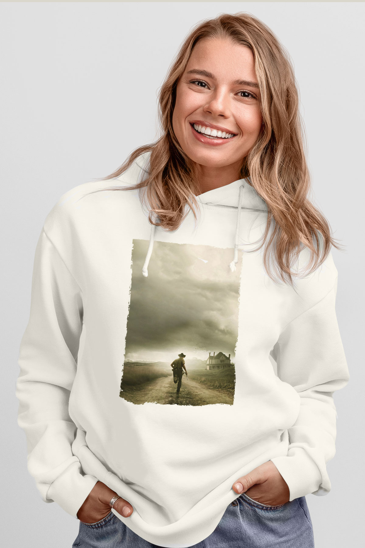 Unisex The Walking Dead Baskılı Beyaz Kapüşonlu Sweatshirt