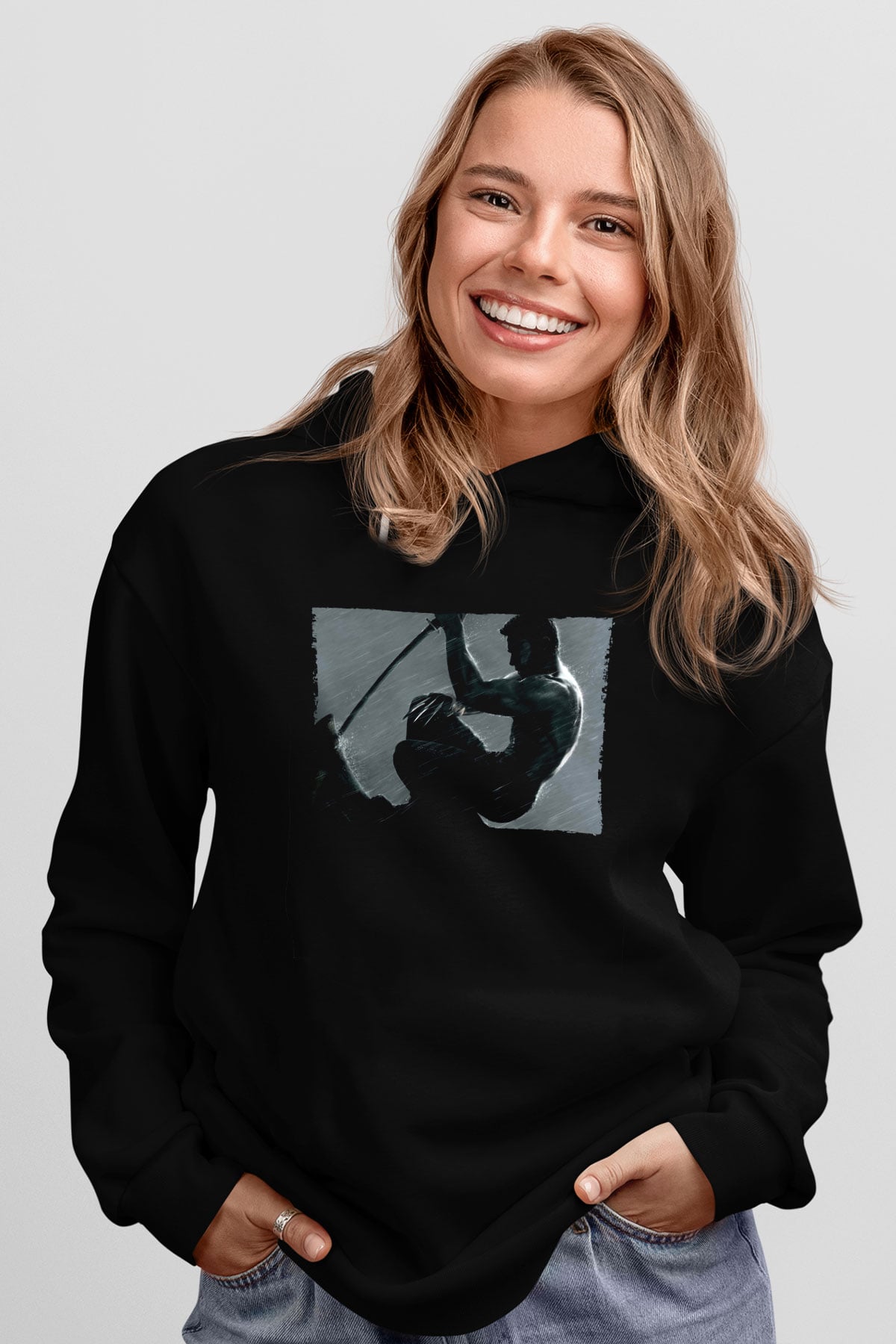 Unisex The Wolverine Baskılı Siyah Kapüşonlu Sweatshirt